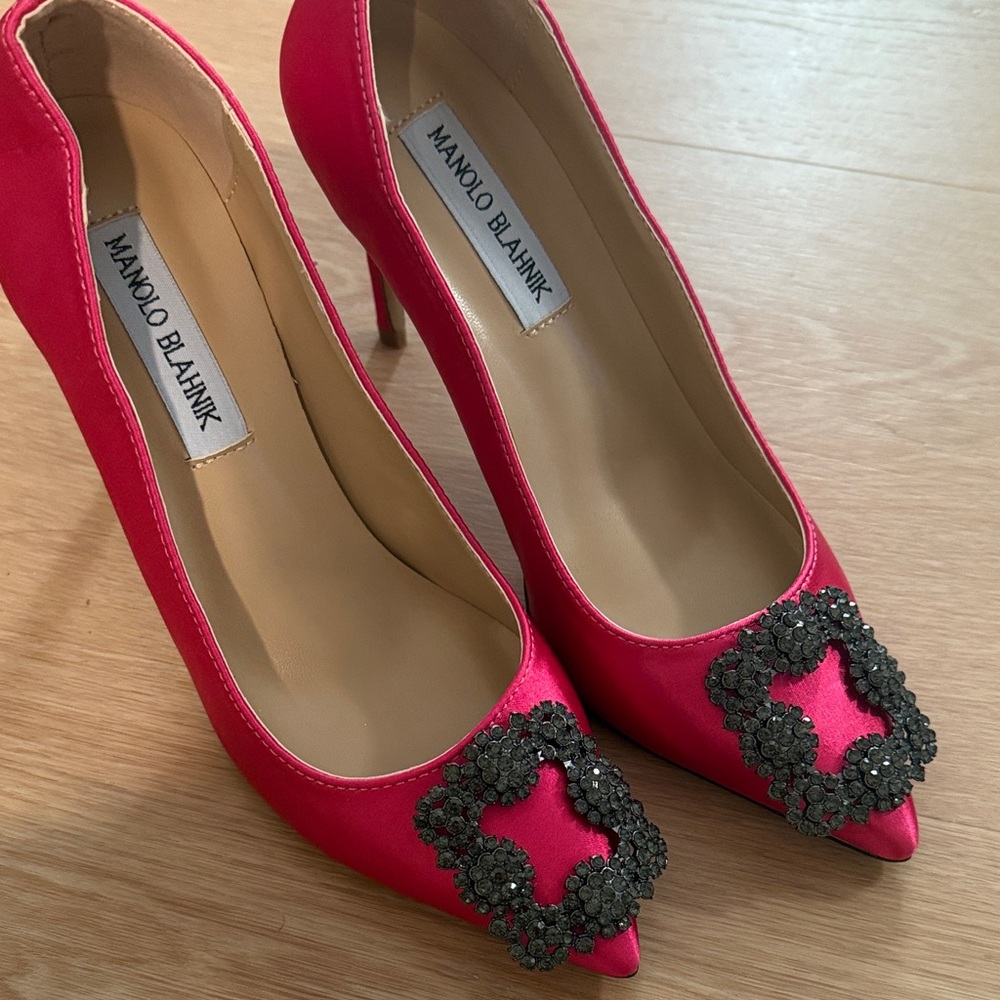 Manolo Blahnik Fuchsia Heels with Black Embellishment